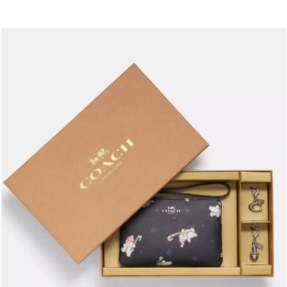 Coach Snowman Print Wristlet Leather Zip Pouch Holiday Set - Picture 3 of 6